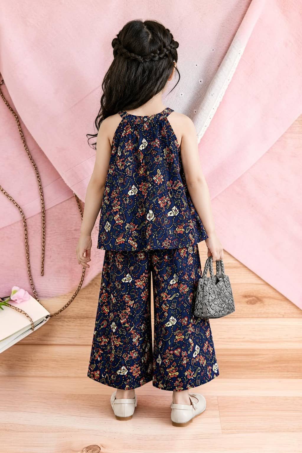 Crepe Printed Top With Palazzo Co-Ord Set For Girls ( Blue ) - Image 2