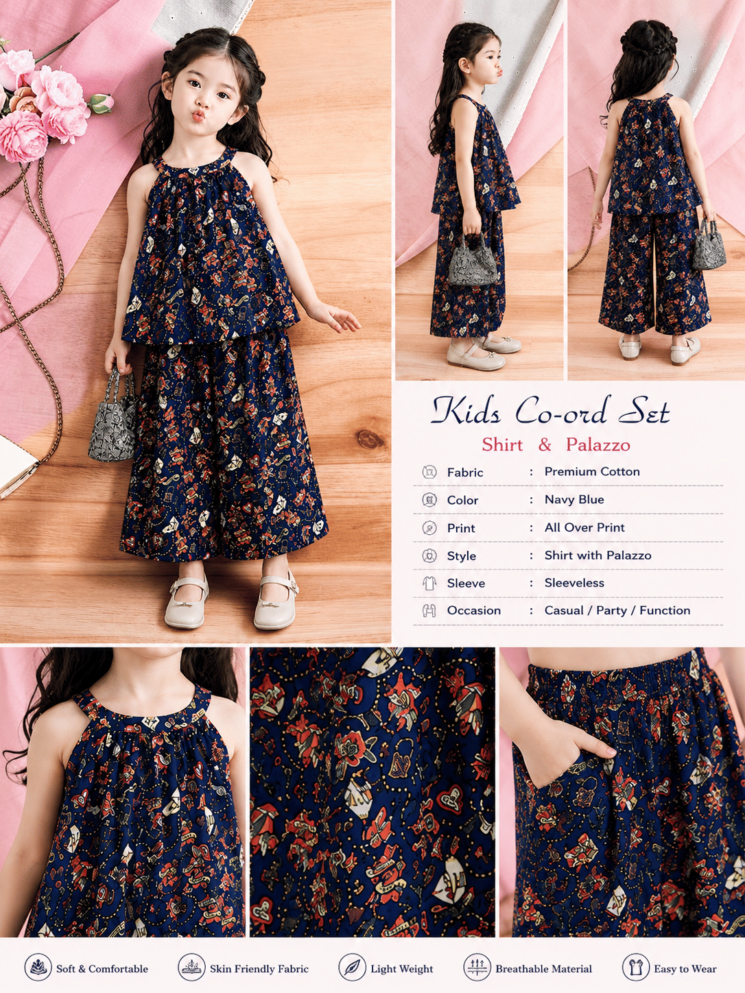 Crepe Printed Top With Palazzo Co-Ord Set For Girls ( Blue ) - Image 4