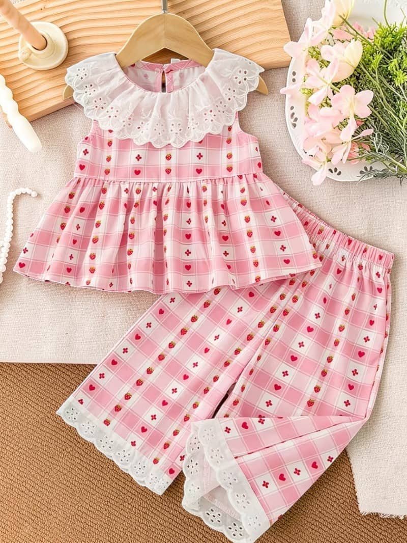 Crepe Printed Top With Palazzo Co-Ord Set For Girls ( Pink )
