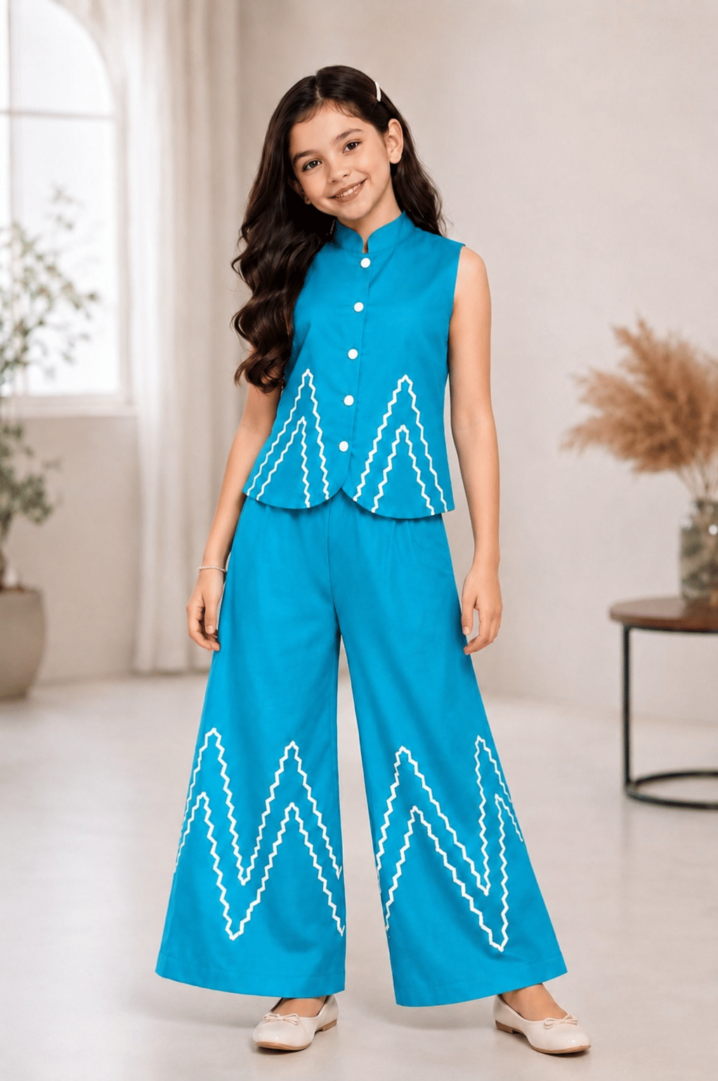 Girls Cotton Blend Shirt & Palazzo Set ( Teal , Pack of 1 )