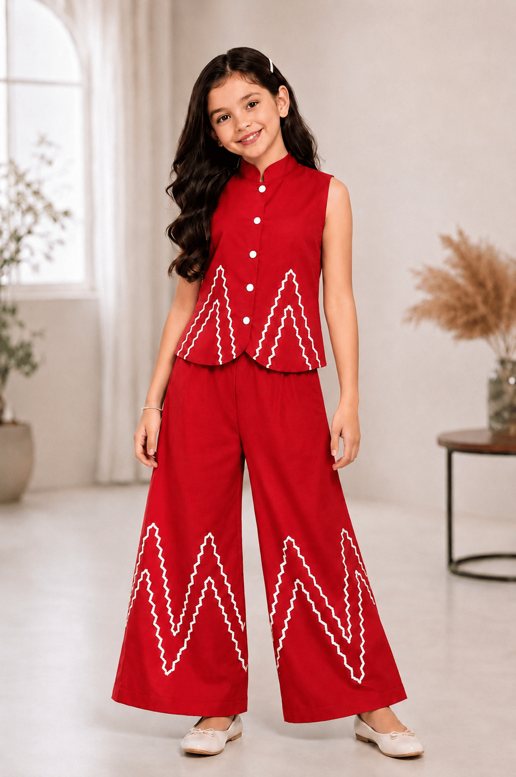 Girls Cotton Blend Shirt & Palazzo Set ( Red , Pack of 1 )