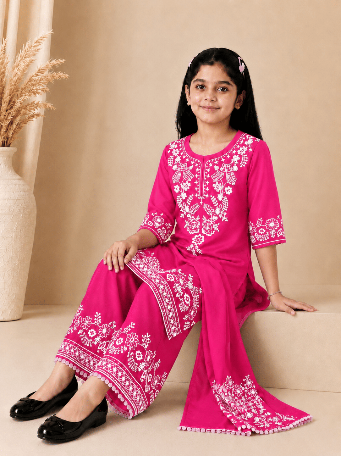 Girls Rayon Kurti with Pants ( Pack of 1 , Pink )