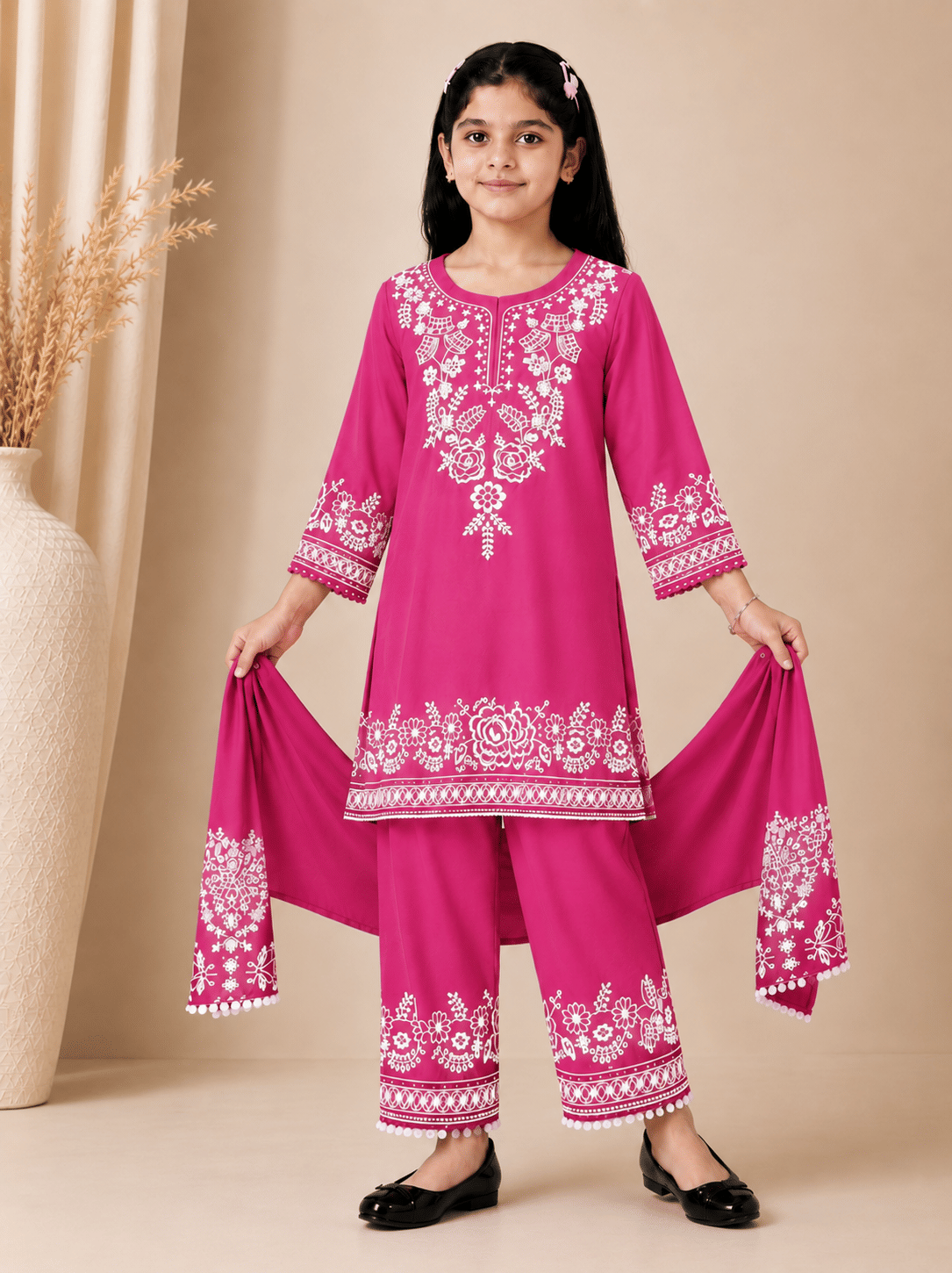 Girls Rayon Kurti with Pants ( Pack of 1 , Pink ) - Image 2