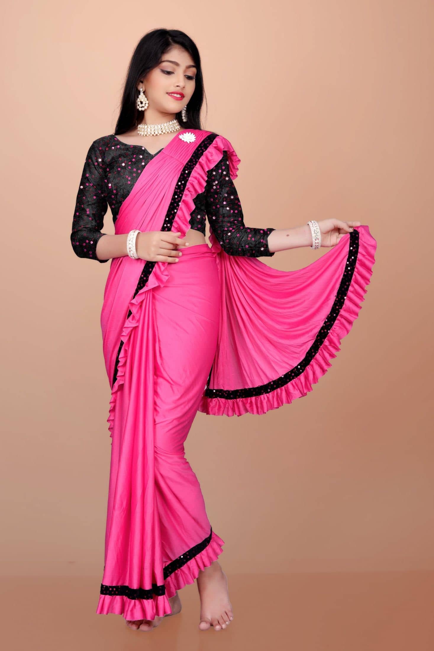 Lady Shopi Lycra Classic Saree For Girls ( Pink , Pack of 1 )
