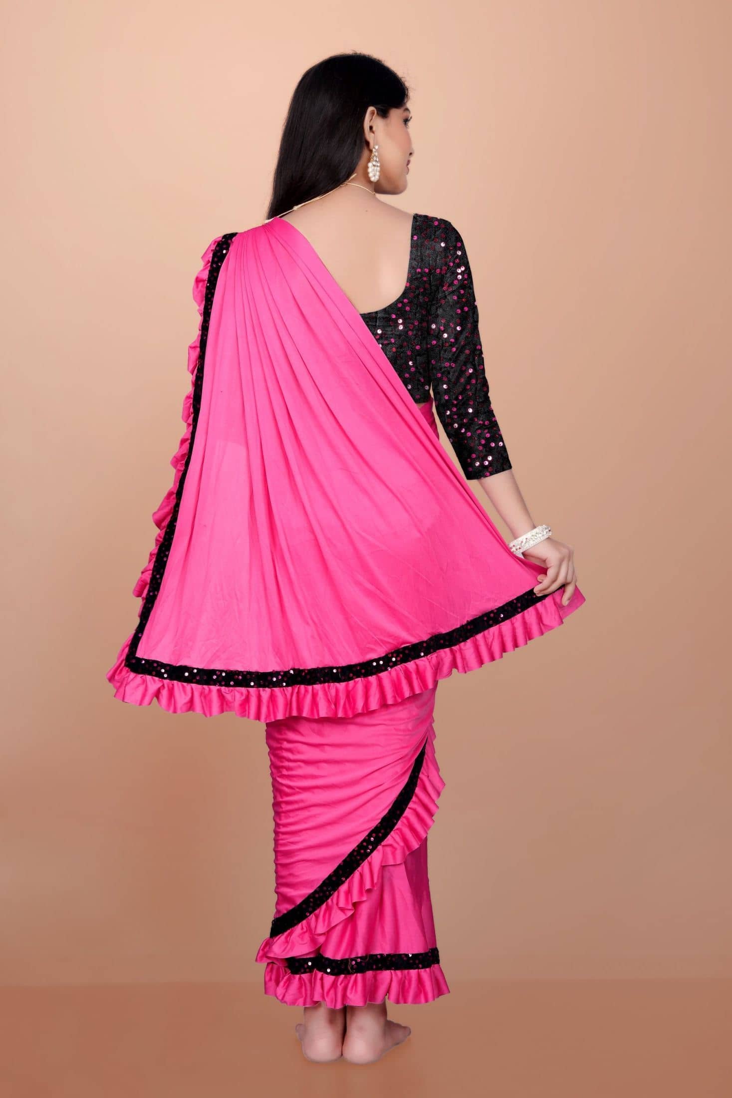 Lady Shopi Lycra Classic Saree For Girls ( Pink , Pack of 1 ) - Image 2
