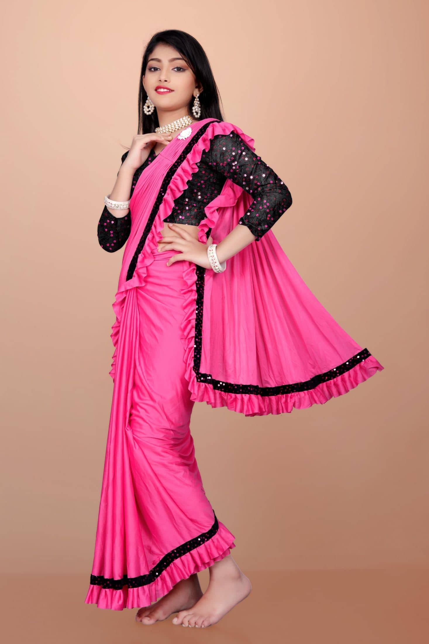Lady Shopi Lycra Classic Saree For Girls ( Pink , Pack of 1 ) - Image 3