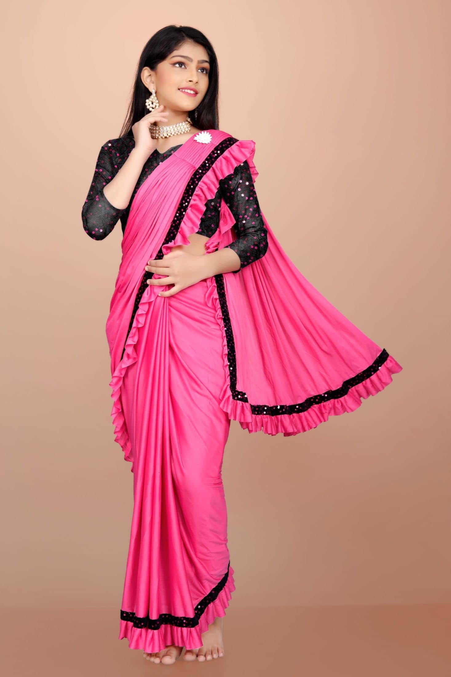 Lady Shopi Lycra Classic Saree For Girls ( Pink , Pack of 1 ) - Image 4