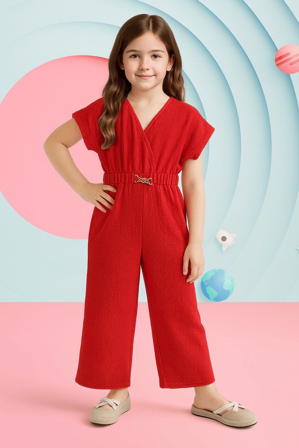 Lazy Shark Girls Cotton Blend Jumpsuit ( Pack of 1 , Red )