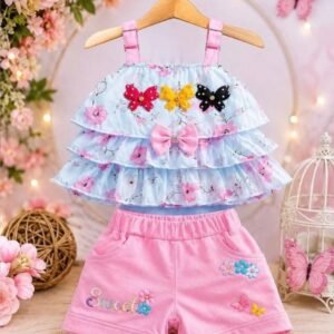 Baby Girls Cotton Blend T-shirt & Shorts Set ( Pink & White , Pack of 1 )