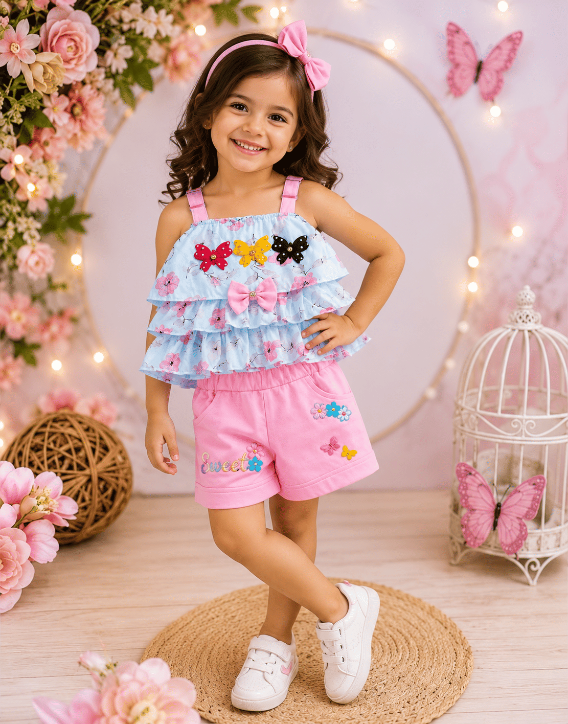 Baby Girls Cotton Blend T-shirt & Shorts Set ( Pink & White , Pack of 1 ) - Image 2