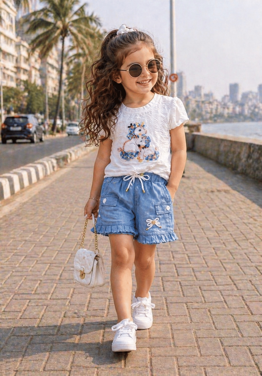 Baby Girls Denim T-shirt & Shorts Set ( White & Blue , Pack of 1 )