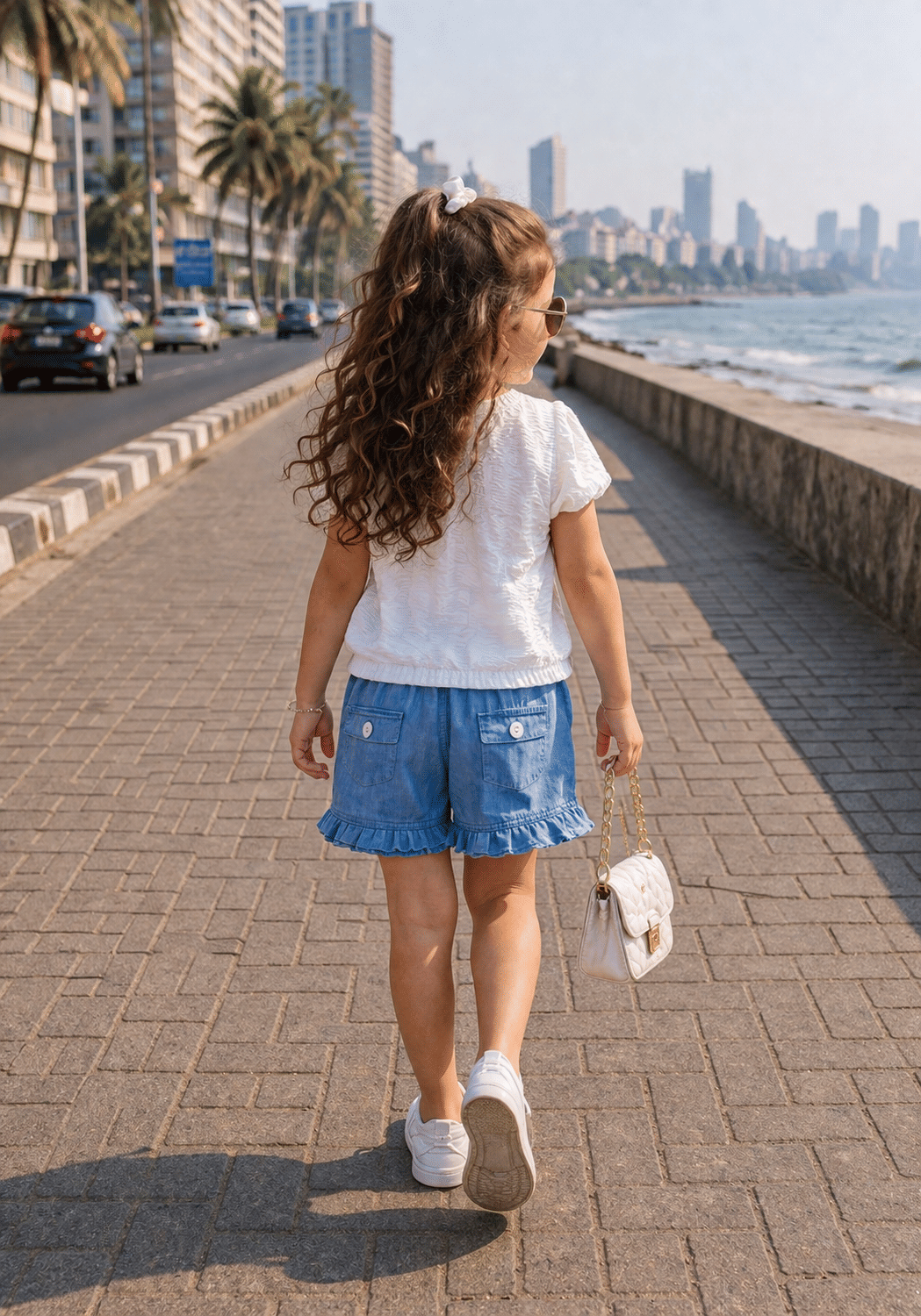 Baby Girls Denim T-shirt & Shorts Set ( White & Blue , Pack of 1 ) - Image 2