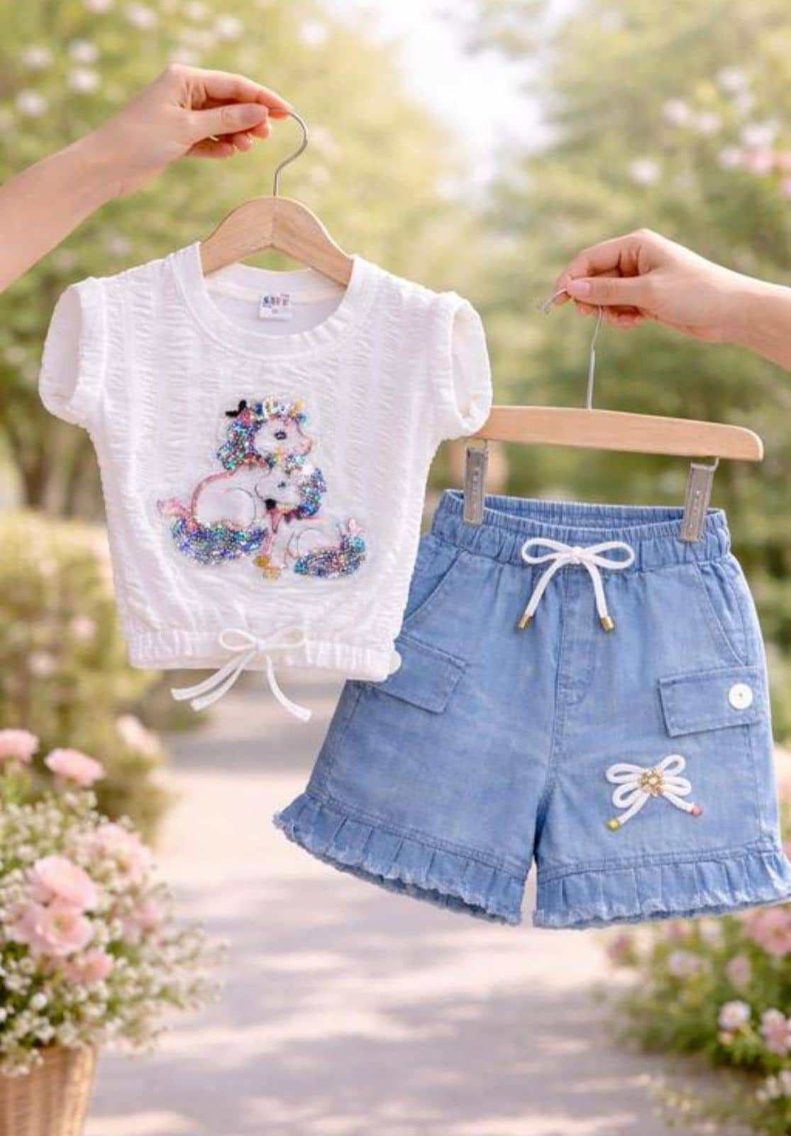 Baby Girls Denim T-shirt & Shorts Set ( White & Blue , Pack of 1 ) - Image 3
