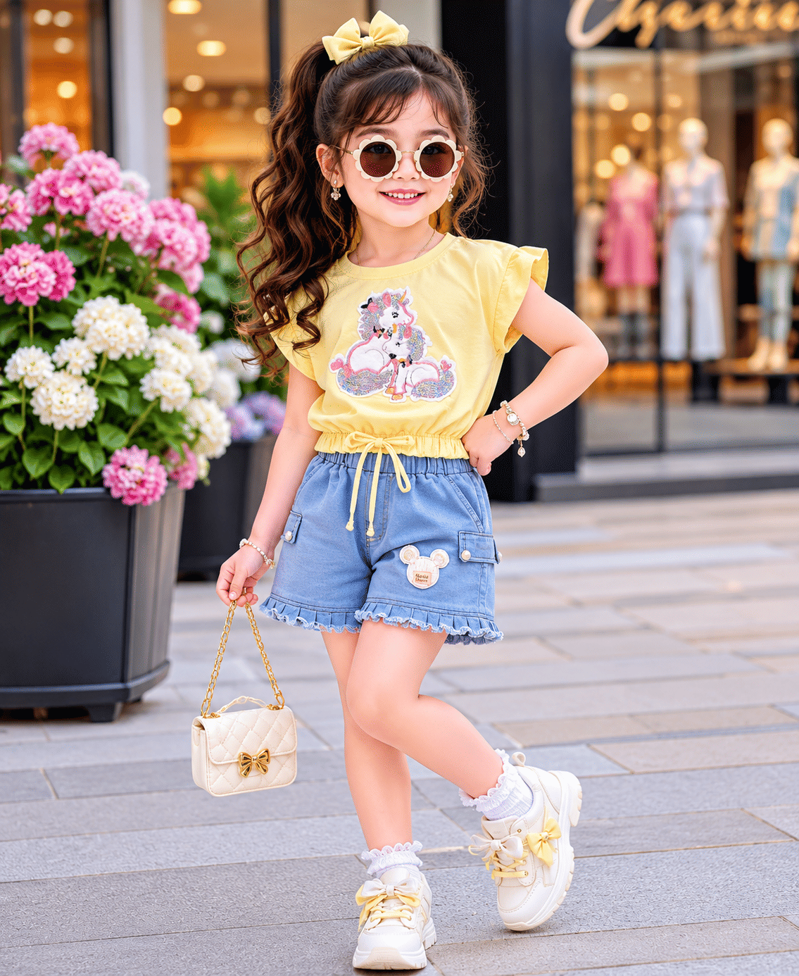 Baby Girls Denim T-shirt & Shorts Set ( Blue & Yellow , Pack of 1 )