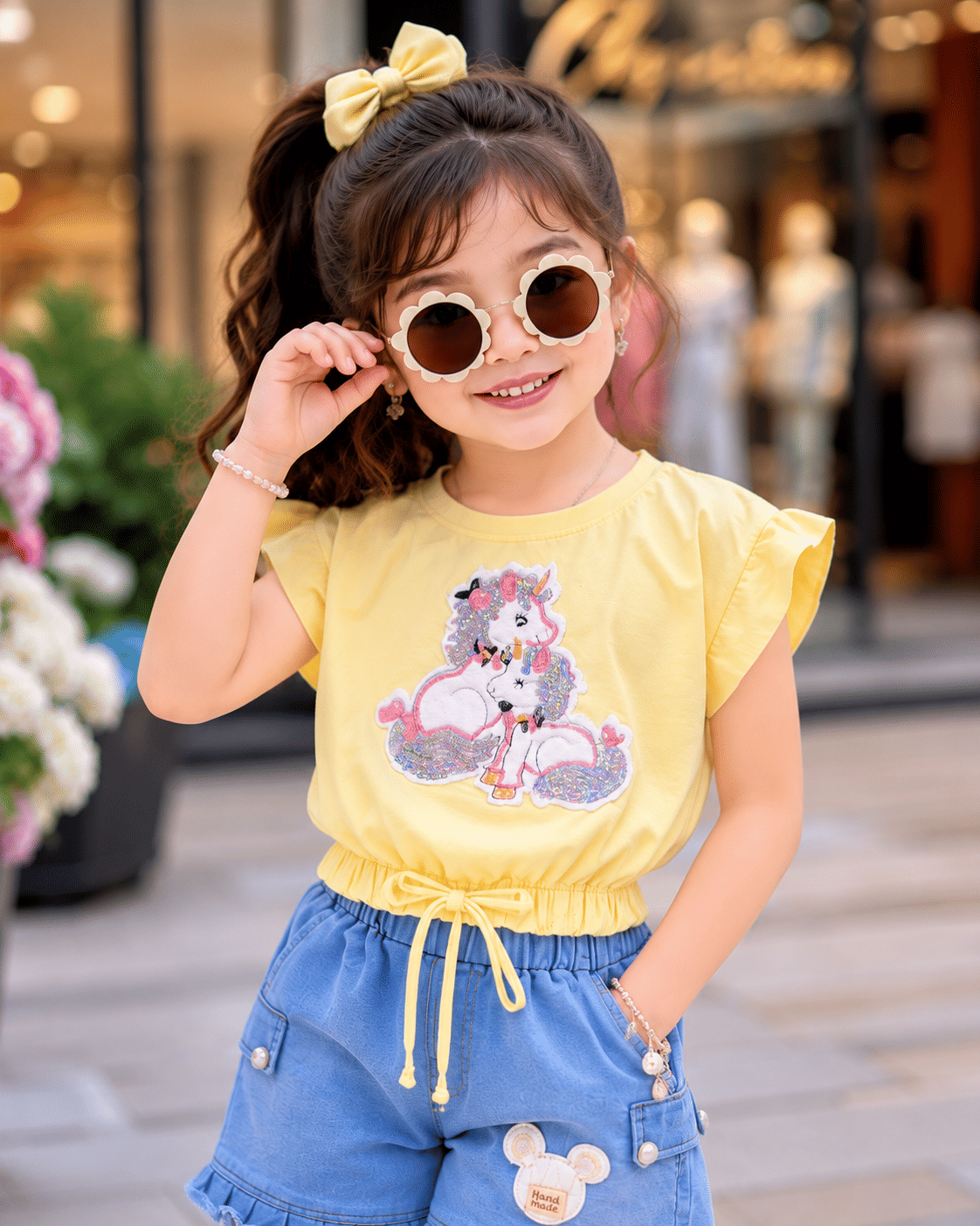 Baby Girls Denim T-shirt & Shorts Set ( Blue & Yellow , Pack of 1 ) - Image 3