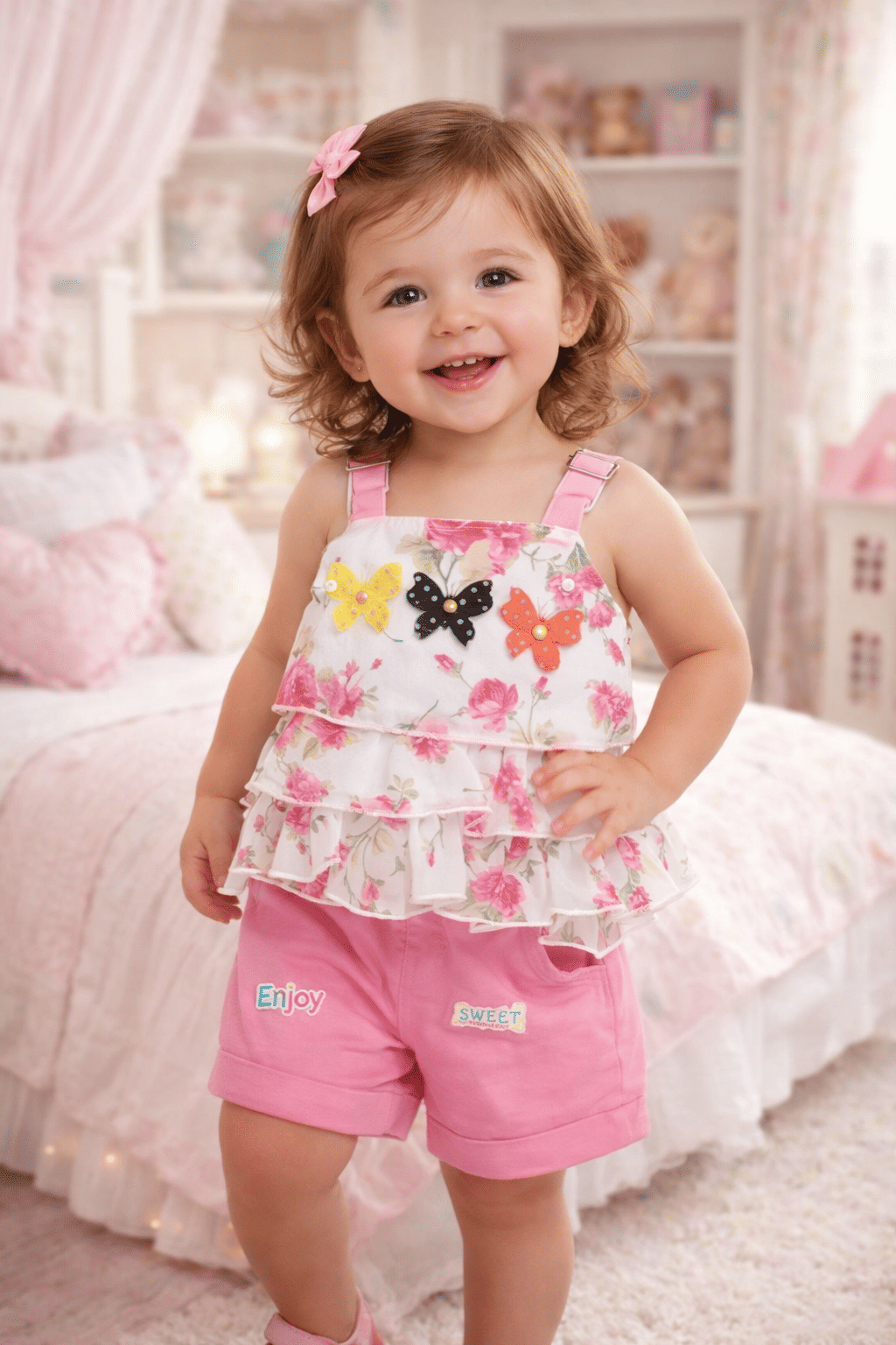 Pack of 1 Baby Girls Cotton Blend T-shirt & Shorts ( White & Pink )