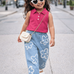 Pack of 1 Baby Girls Denim T-shirt & Jeans ( Blue & Pink )