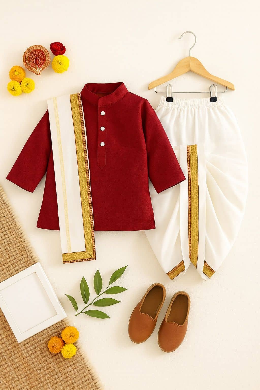 Baby Boys Cotton Blend Maroon Dhoti Kurta Set Dupatta
