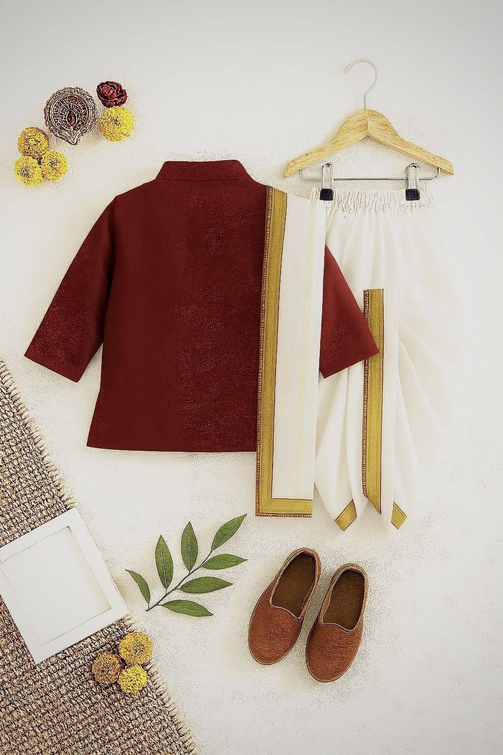 Baby Boys Cotton Blend Maroon Dhoti Kurta Set Dupatta - Image 2