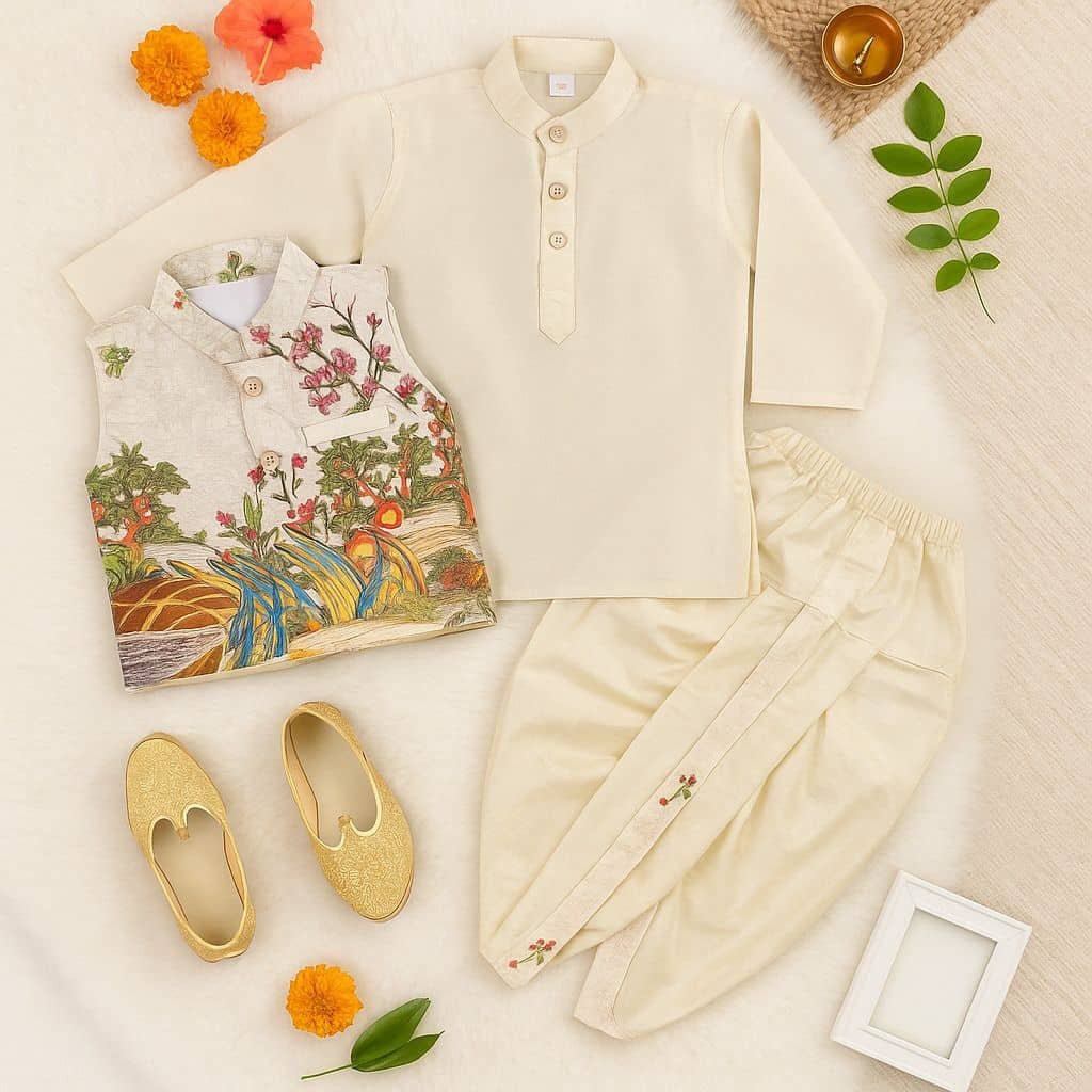 Baby Boys Cotton Blend Beige Dhoti Kurta Set ( Pack of 1 ) - Image 4