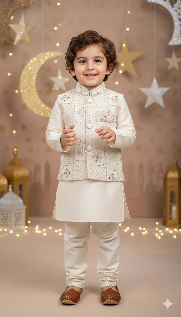 Baby Boys Cotton Blend Beige Kurta Jacket Set Waistcoat