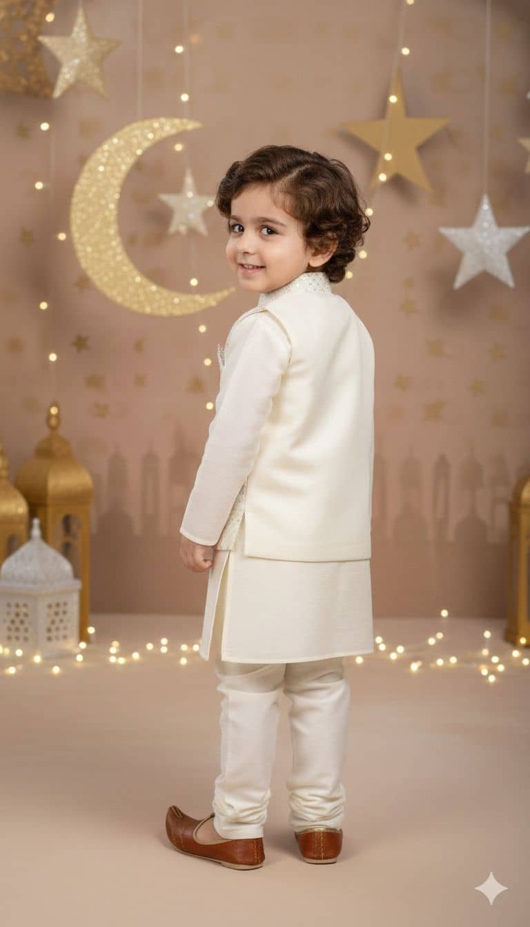 Baby Boys Cotton Blend Beige Kurta Jacket Set Waistcoat - Image 2