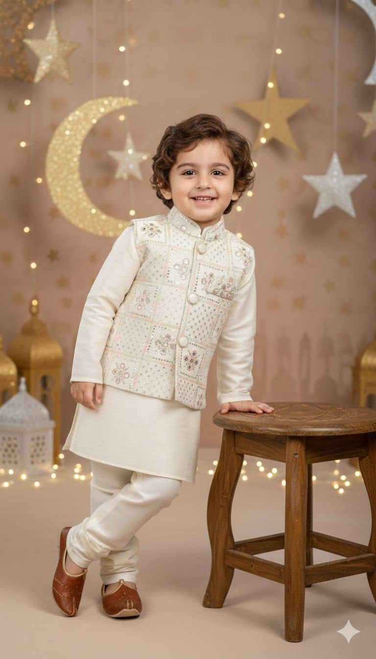 Baby Boys Cotton Blend Beige Kurta Jacket Set Waistcoat - Image 3