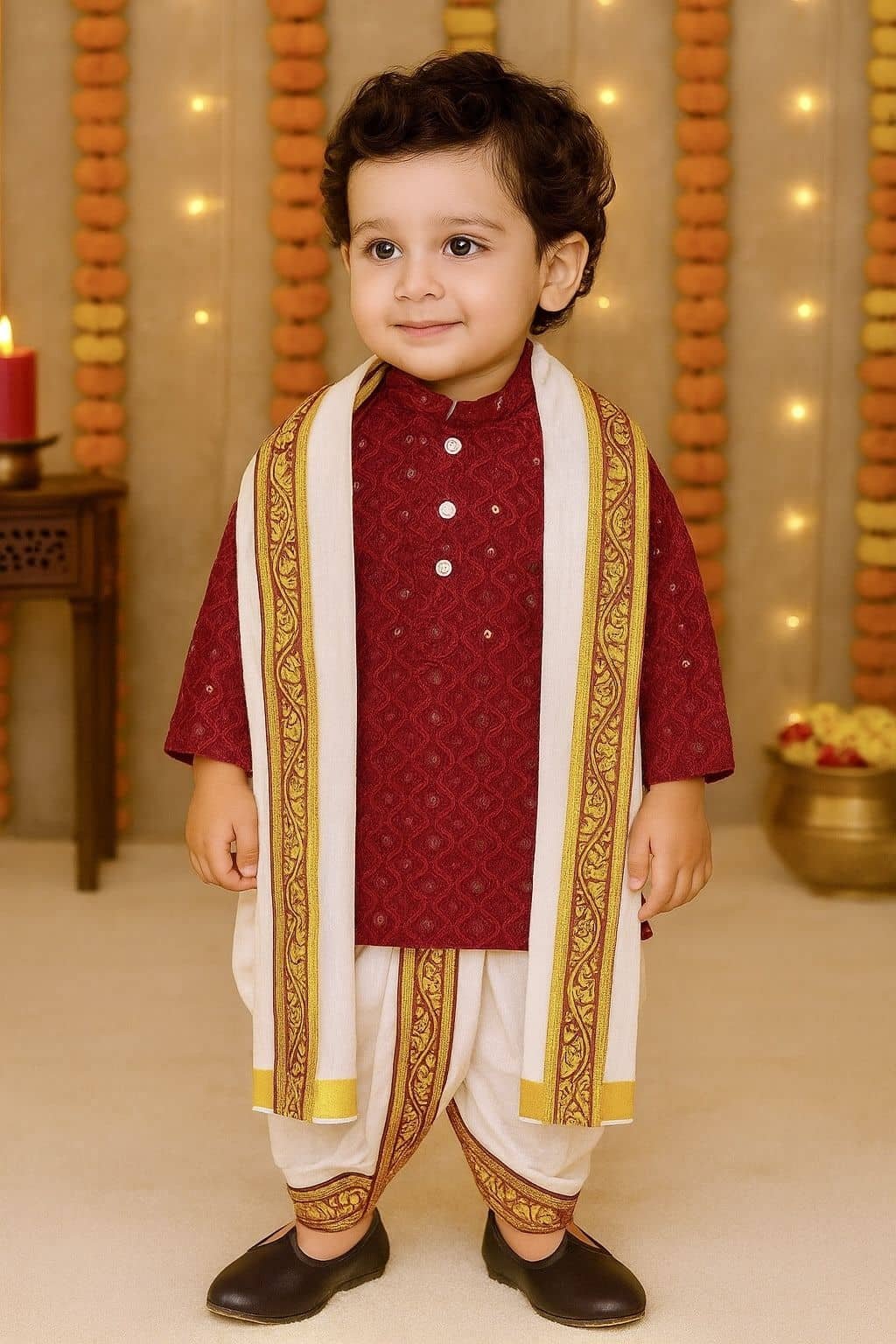 Baby Boys Cotton Blend Maroon Dhoti Kurta Set Dupatta