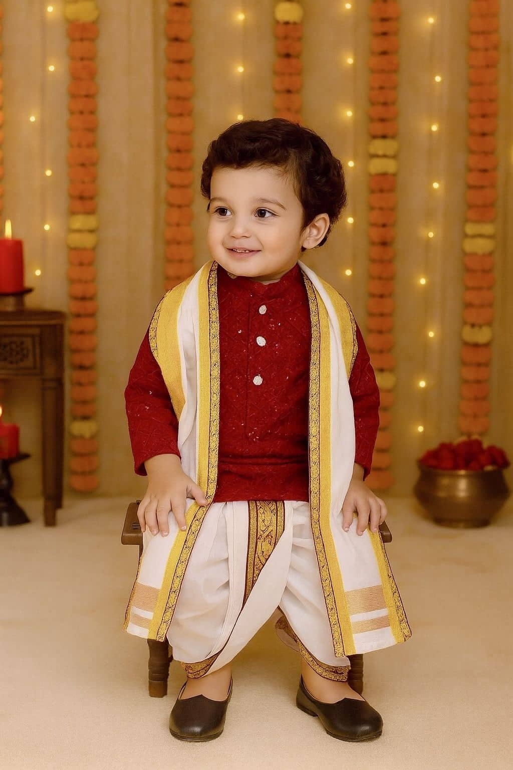 Baby Boys Cotton Blend Maroon Dhoti Kurta Set Dupatta - Image 2