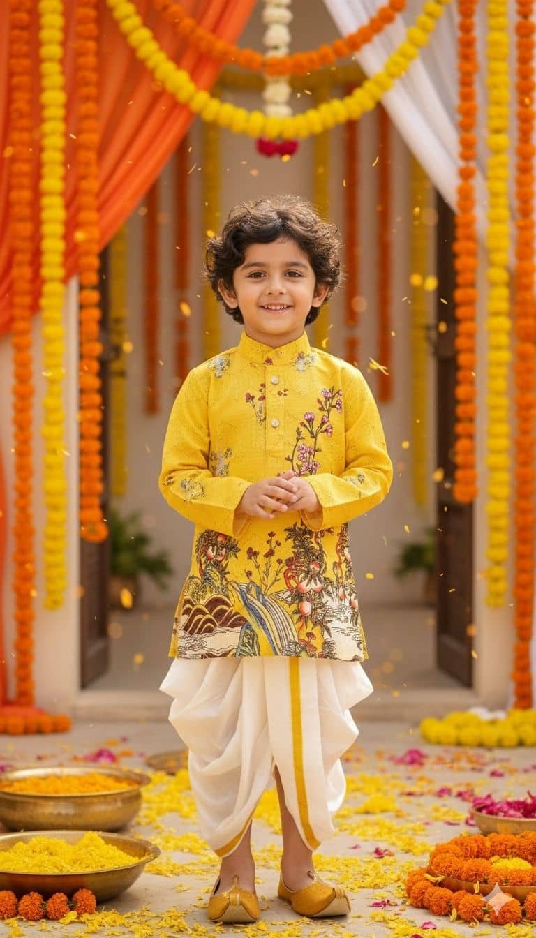 Boys Cotton Blend Yellow Dhoti Kurta Set None