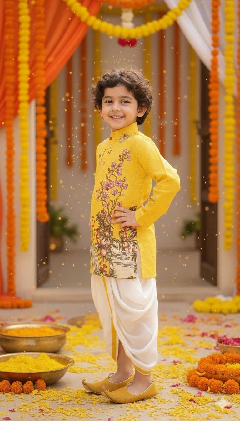 Boys Cotton Blend Yellow Dhoti Kurta Set None - Image 3