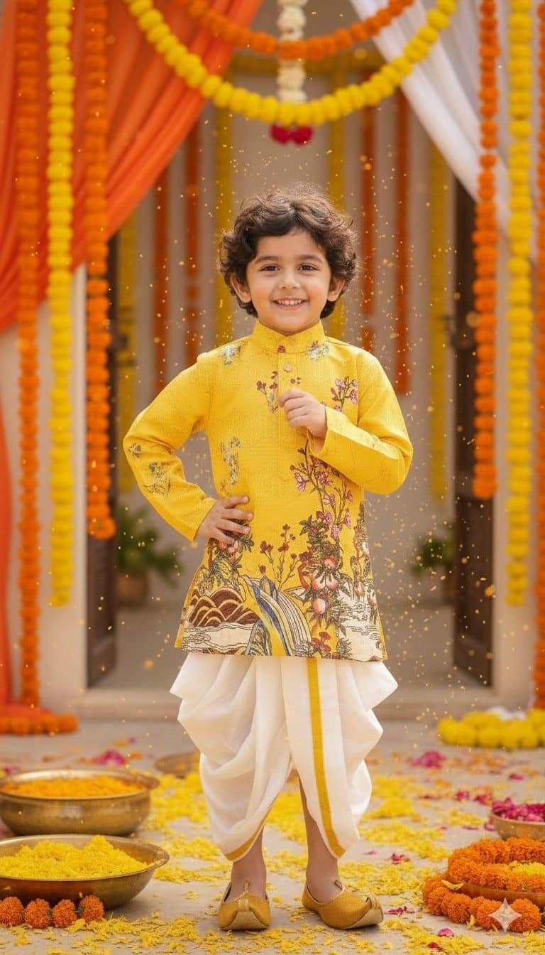Boys Cotton Blend Yellow Dhoti Kurta Set None - Image 4