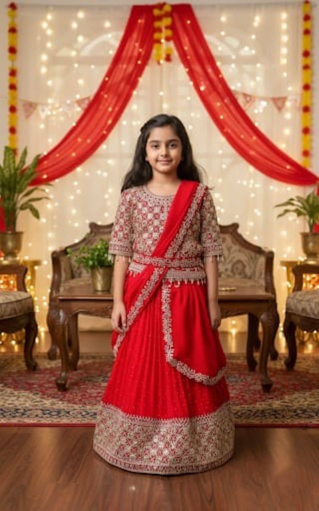 Georgette Lehenga Choli Set For Girls ( Pack of 1 , Red )