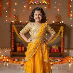 Georgette Lehenga Choli Set For Girls ( Pack of 1 , Yellow )