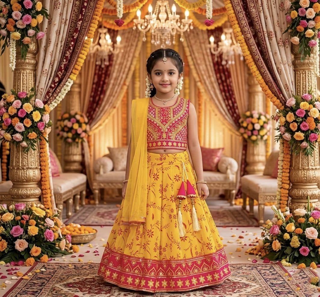 Georgette Lehenga Choli Set For Girls ( Pack of 1 , Yellow )