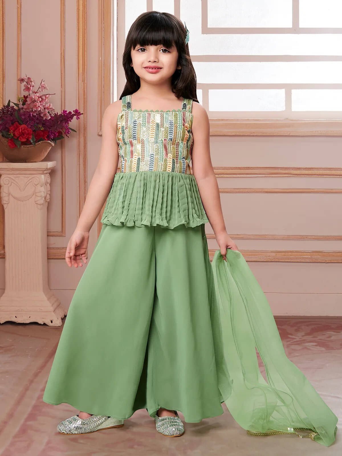 Enterprise Girls Georgette Kurti with Palazzo ( Pack of 1 , Green )