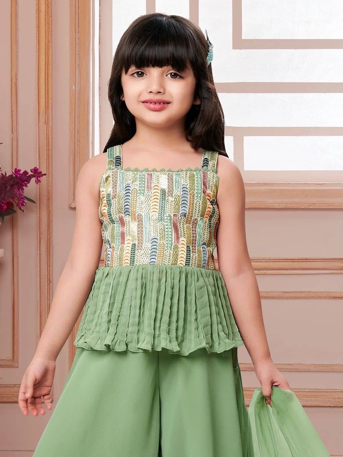 Enterprise Girls Georgette Kurti with Palazzo ( Pack of 1 , Green ) - Image 2