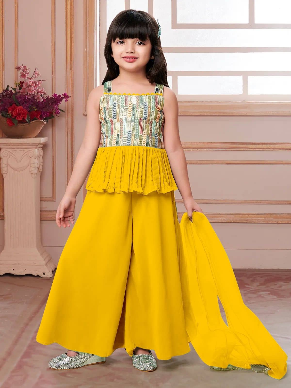 Enterprise Girls Georgette Kurti with Palazzo ( Pack of 1 , Yellow ) - Image 2