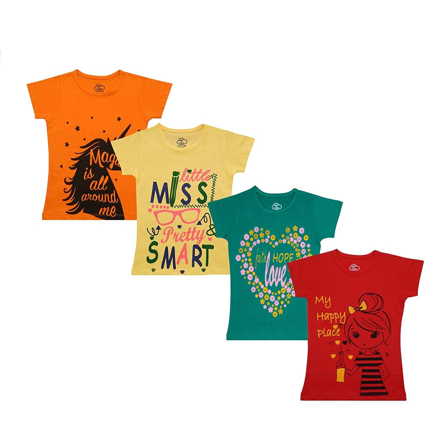 Pack of 4 Girls 100% Cotton T-Shirts ( Multi )