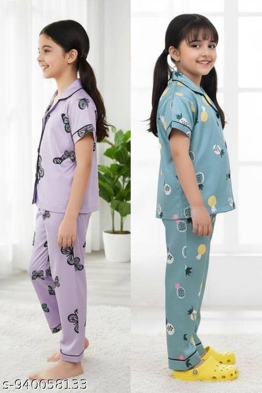 Pack of 2 Girls Cotton Blend Nightsuit Set ( Multicolor 3 ) - Image 2