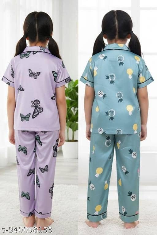 Pack of 2 Girls Cotton Blend Nightsuit Set ( Multicolor 3 ) - Image 3