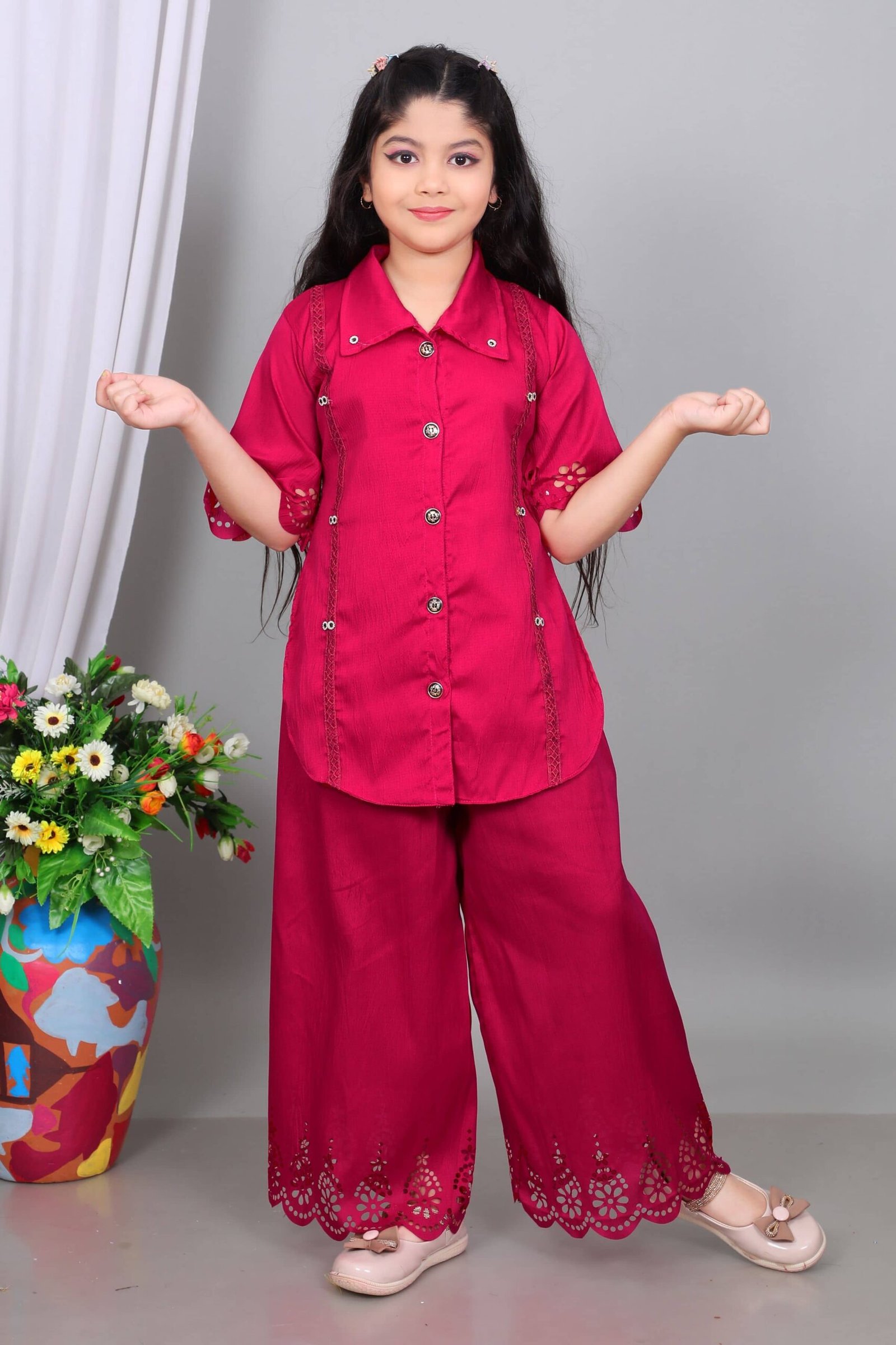 Maheera Fashion Girls Rayon Kurti with Palazzo ( Pack of 1 , Red )