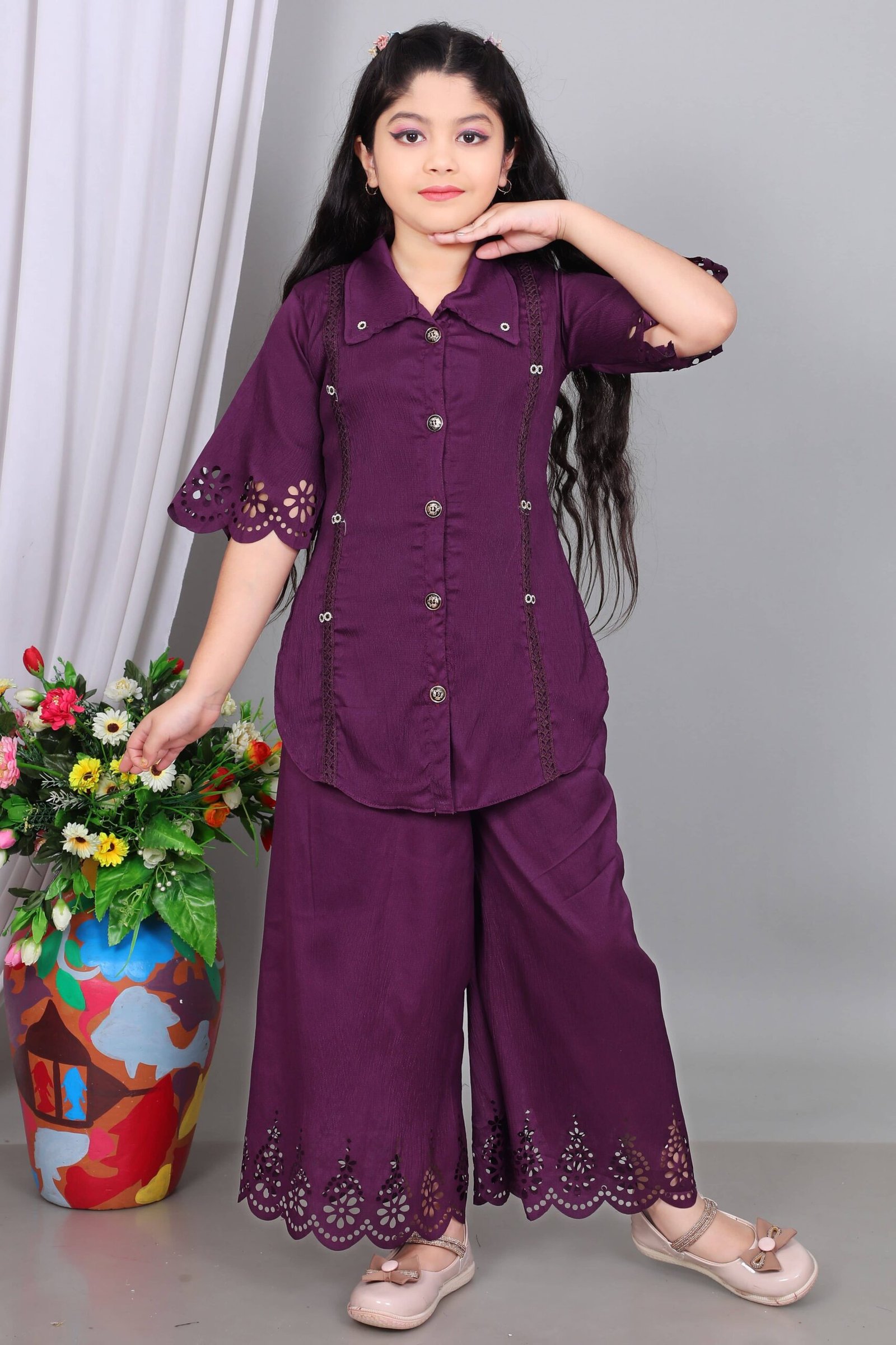 Maheera Fashion Girls Rayon Kurti with Palazzo ( Pack of 1 , Purple )