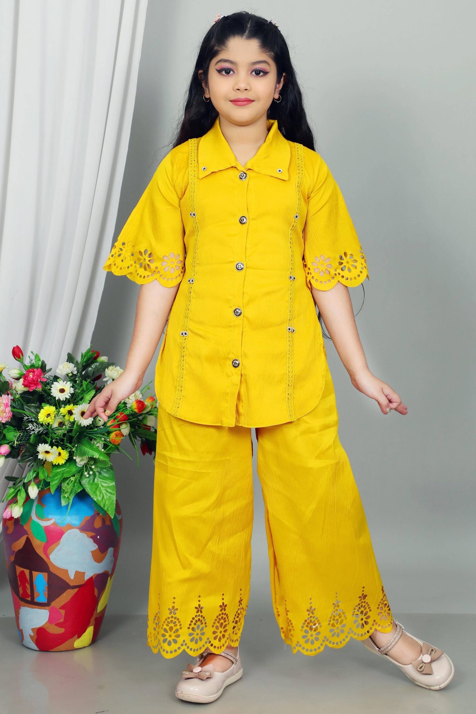 Maheera Fashion Girls Rayon Kurti with Palazzo ( Pack of 1 , Yellow )