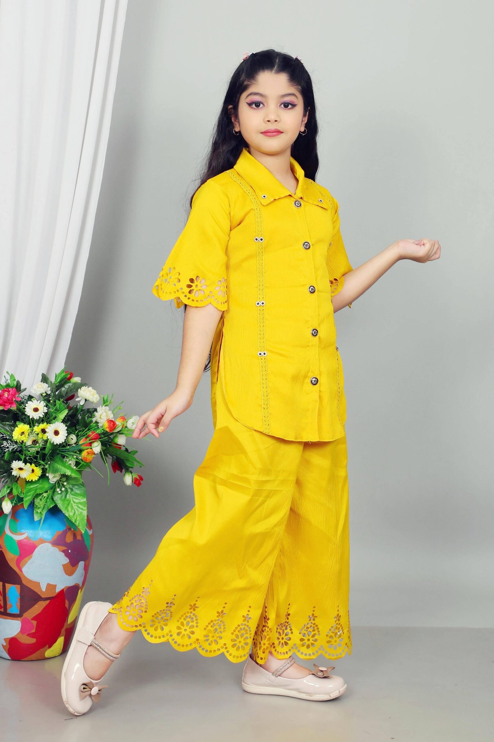 Maheera Fashion Girls Rayon Kurti with Palazzo ( Pack of 1 , Yellow ) - Image 4