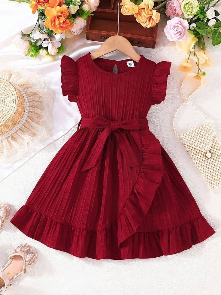 Mullick the designer Cotton Blend Dress For Girls ( Pack of 1 , Maroon )