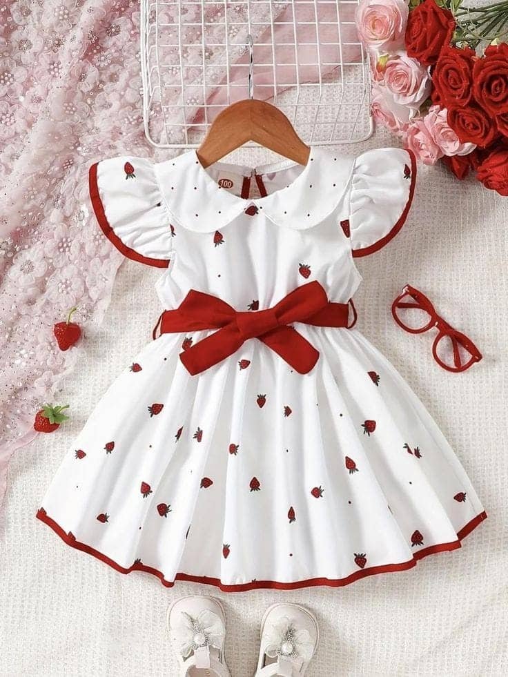 Mullick the designer Cotton Blend Frock For Girls ( Pack of 1 , White,Red )
