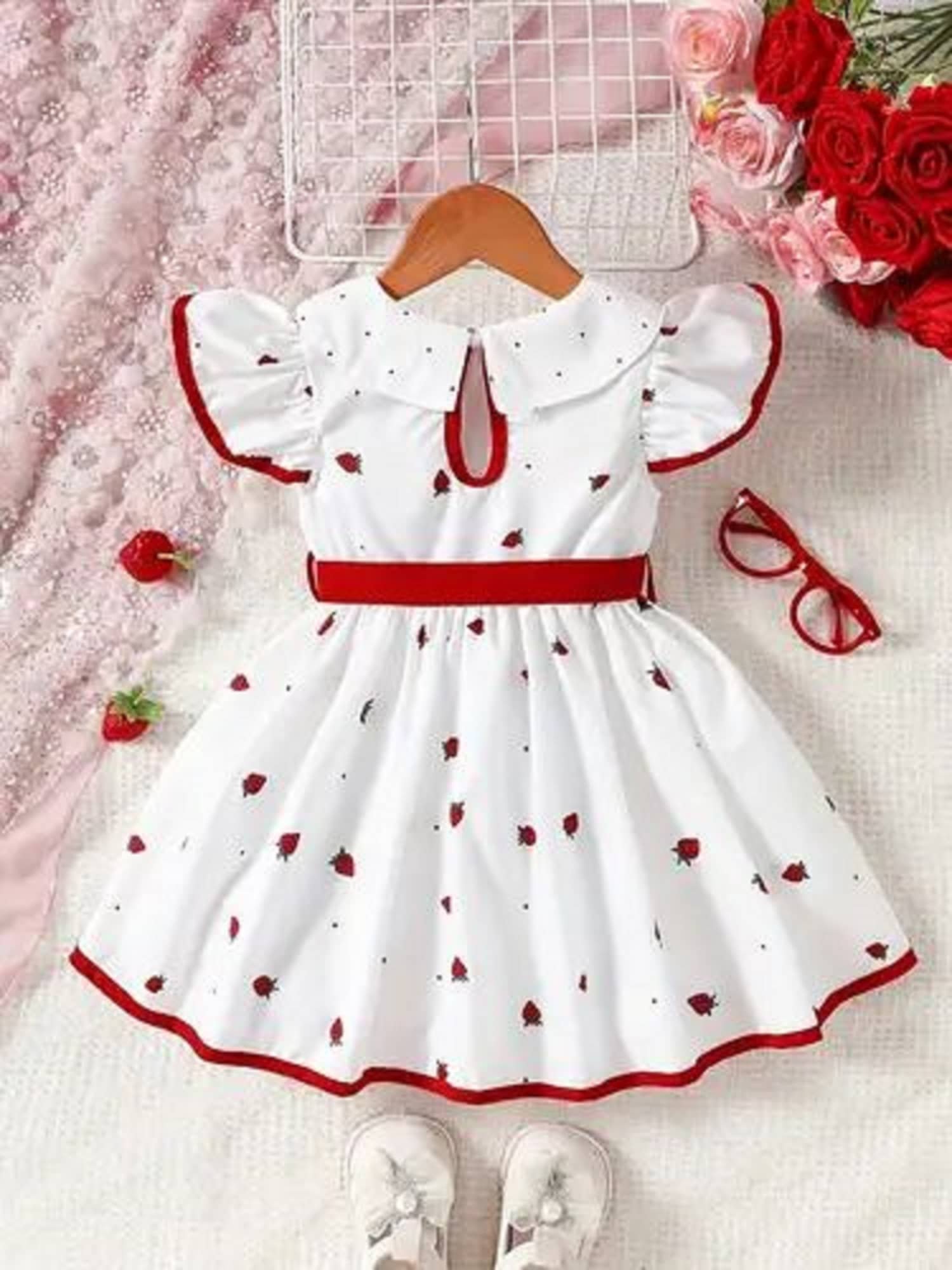 Mullick the designer Cotton Blend Frock For Girls ( Pack of 1 , White,Red ) - Image 2