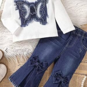 N.Mannat Colletion Baby Girls Denim T-shirt & Jeans Set ( White , Pack of 1 )