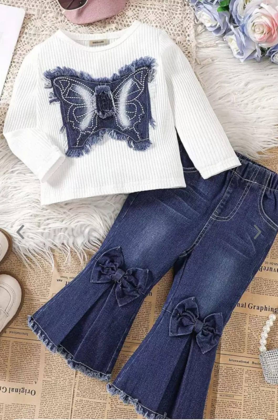 N.Mannat Colletion Baby Girls Denim T-shirt & Jeans Set ( White , Pack of 1 )